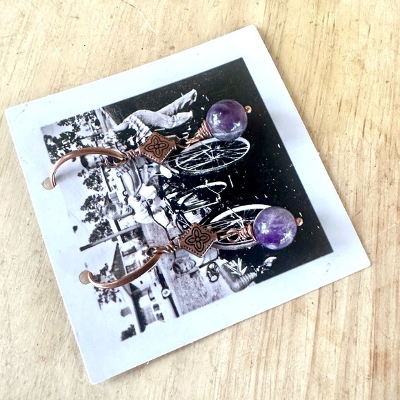 Hand crafted Amethyst Bead Earrings with Copper Accents on Copper Ear Wires - Picture 3 of 4
